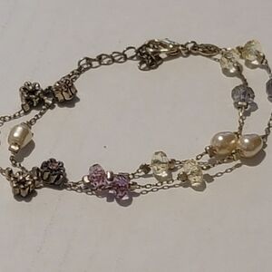 Premier Designs Double Strand Faux Pearl Pink Rhinestone Flower Charms Necklace